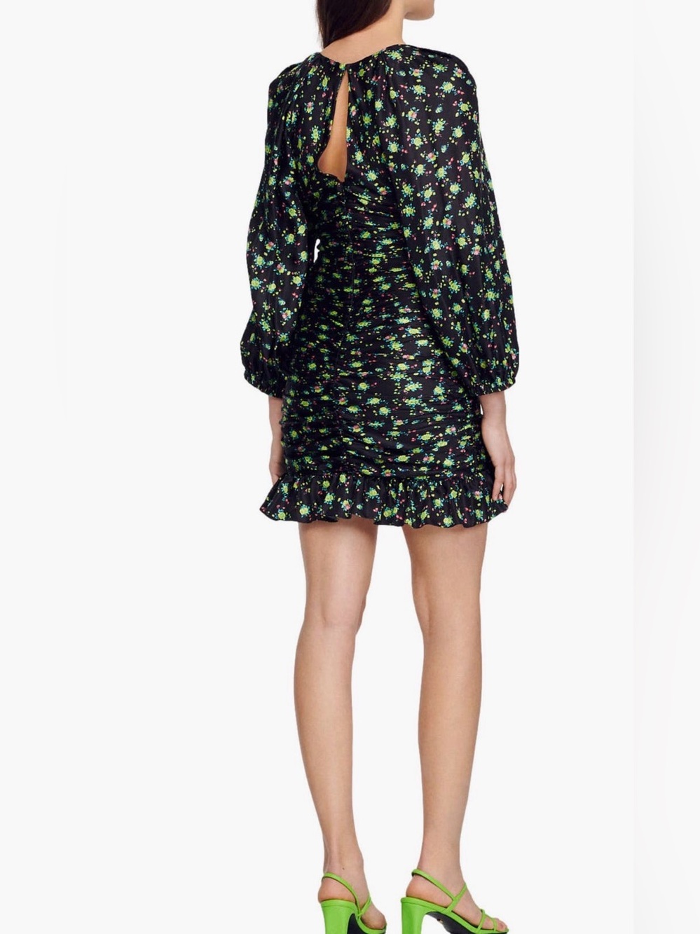 Sandro Novalee Floral Ruched Mini Dress Noir Black V-Neck Ruffle NWT US 4 $415 - Picture 2 of 12